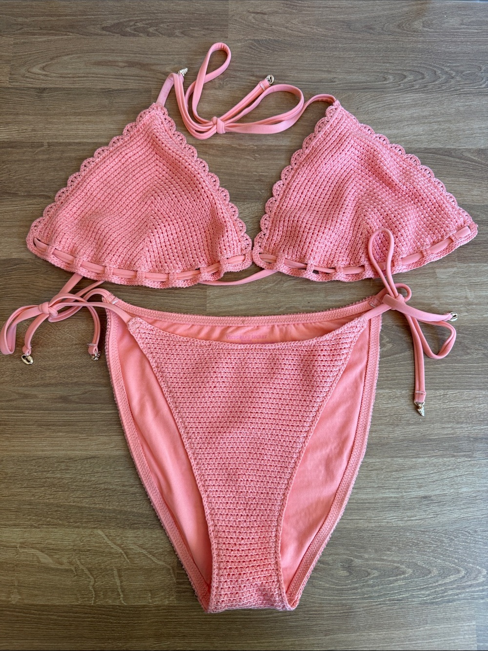 Victoria's Secret Triangle Crochet Knit Bikini Top Bottom Punchy Peach Size Med